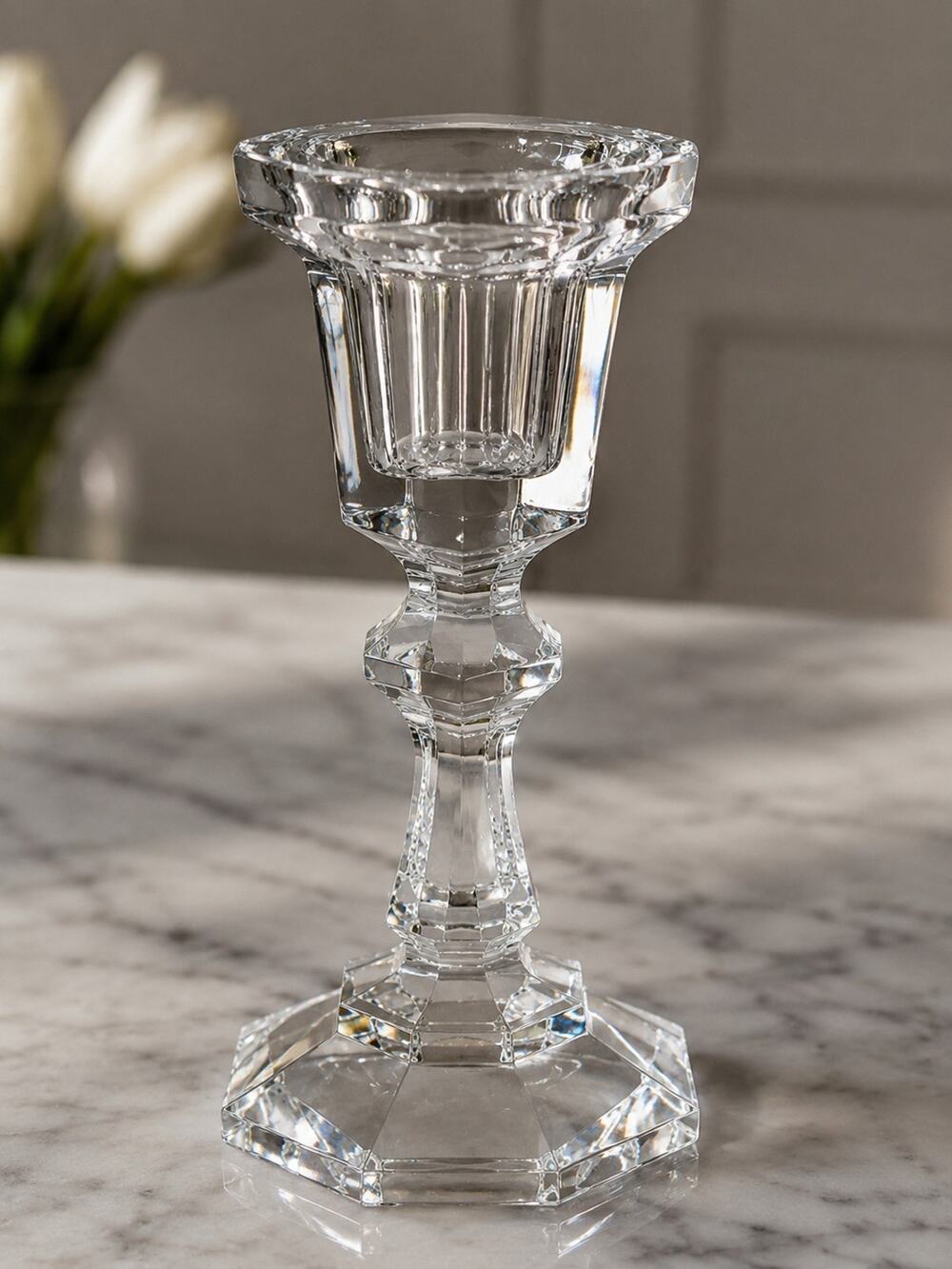 Elegant heavy crystal candlestick holder - faceted stem - bold hexagonal base